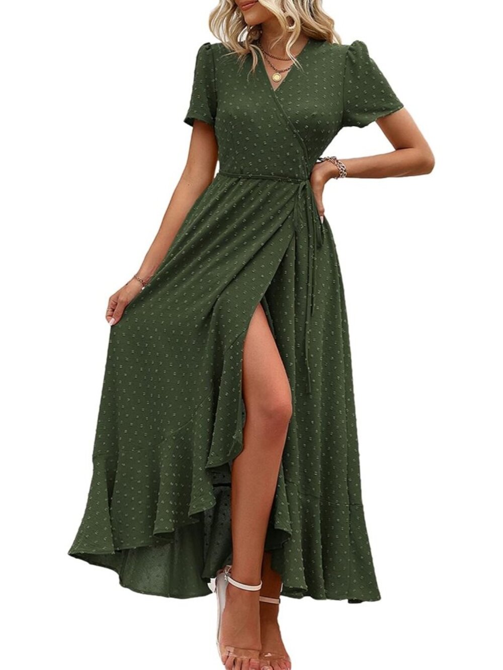 Women's Army Green V Neck Casual Short Sleeve Outfit Pull On Zipper Maxi Dresses